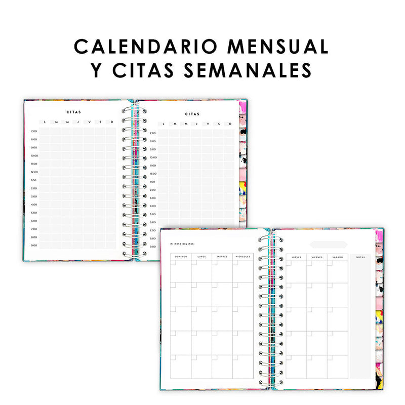 Agenda, planificador mensual y semanal, organizador, diario, metas modelo: Coral