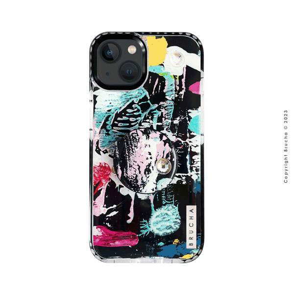 Set de funda ultra protectora, holder match y mica vidrio templado, pintada a mano con brillos Edición Limitada para iPhone 13 - Greco