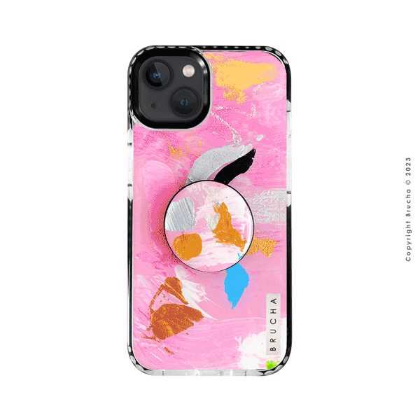 Set de funda ultra protectora, holder match y mica vidrio templado, pintada a mano Edición Limitada Rosa para iPhone 13 - Gomb