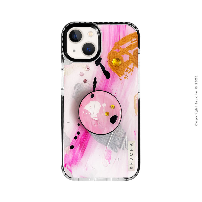 Set de funda ultra protectora, holder match y mica vidrio templado, pintada a mano con brillos Edición Limitada Rosa para iPhone 13 - Seoul