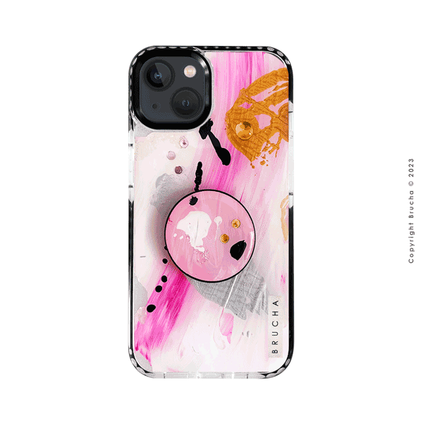Set de funda ultra protectora, holder match y mica vidrio templado, pintada a mano con brillos Edición Limitada Rosa para iPhone 13 - Seoul