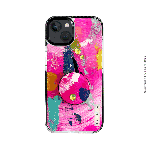 Set de funda ultra protectora, holder match y mica vidrio templado, pintada a mano con brillos Edición Limitada Rosa para iPhone 13 - Kioto
