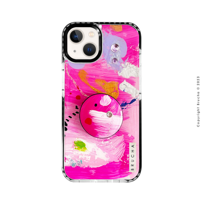 Set de funda ultra protectora, holder match y mica vidrio templado, pintada a mano con brillos Edición Limitada Rosa para iPhone 13 - Any