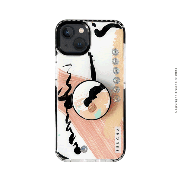 Set de funda ultra protectora, holder match y mica vidrio templado, pintada a mano con brillos Edición Limitada para iPhone 13 - Gibson