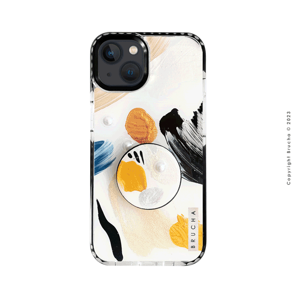 Set de funda ultra protectora, holder match y mica vidrio templado, pintada a mano con brillos Edición Limitada para iPhone 13 - Kian