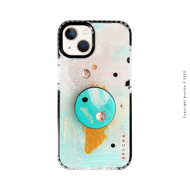 Set de funda ultra protectora, holder match y mica vidrio templado, pintada a mano con brillos Edición Limitada para iPhone 13 - Armenta