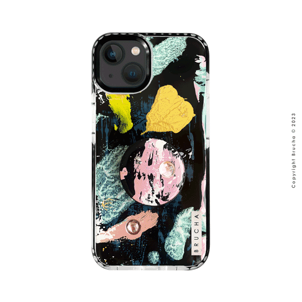 Set de funda ultra protectora, holder match y mica vidrio templado, pintada a mano con brillos Edición Limitada para iPhone 13 - Trebolado