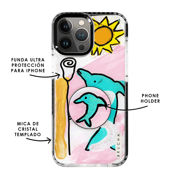 Set de funda ultra resistente, holder match y mica, pintada a mano para iPhone - Delfín