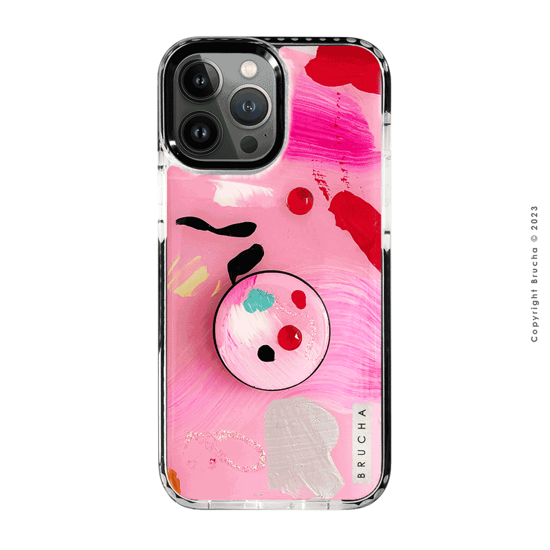 Set de funda ultra protectora, holder match y mica vidrio templado, pintada a mano con brillos Edición Limitada Rosa para iPhone 12/13 Pro Max - Rosen