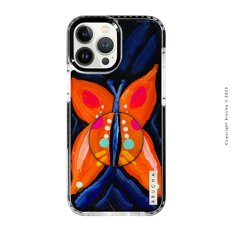 Set de funda ultra resistente, holder match y mica, pintada a mano para iPhone - Butterfly