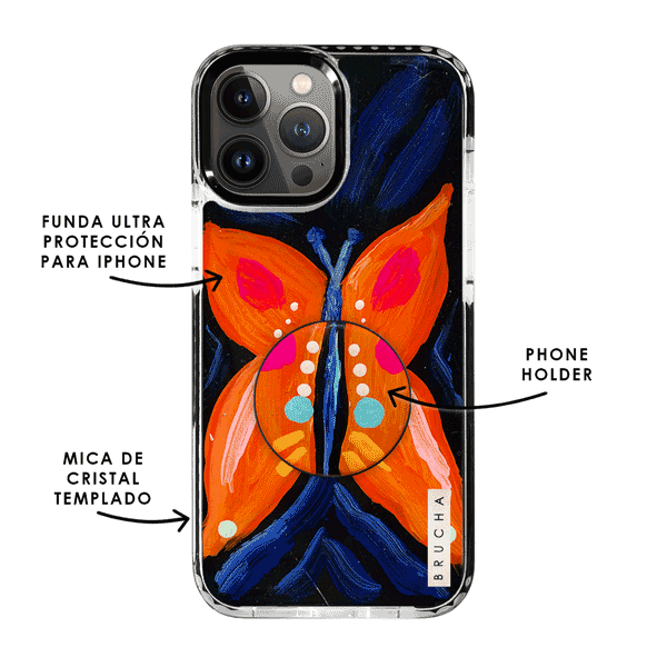 Set de funda ultra resistente, holder match y mica, pintada a mano para iPhone - Butterfly