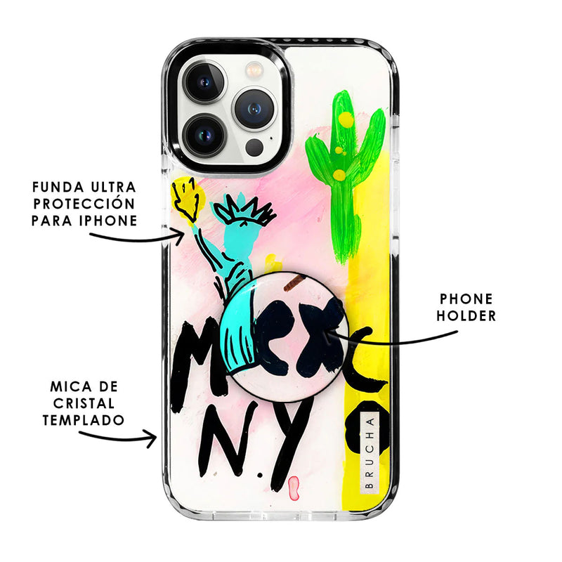 Set de funda ultra resistente, holder match y mica, pintada a mano para iPhone -  MX NY