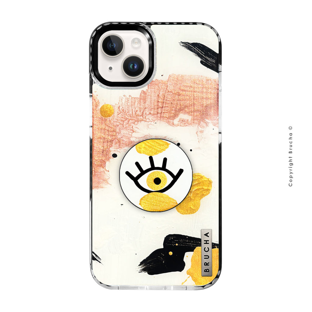 Set de funda ultra protectora con holder match pintada a mano para iPhone 14/15 Plus – I See You Dorado
