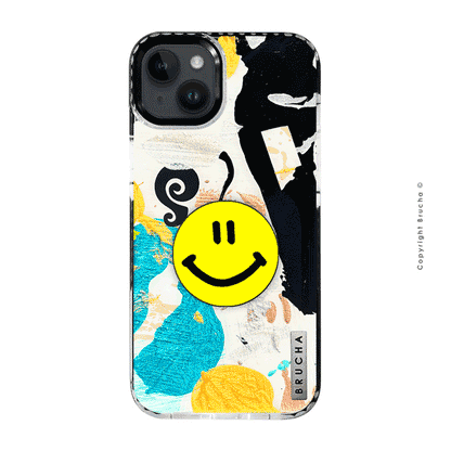 Set de funda ultra protectora con holder match pintada a mano para iPhone 14/15 Plus – Happy Face