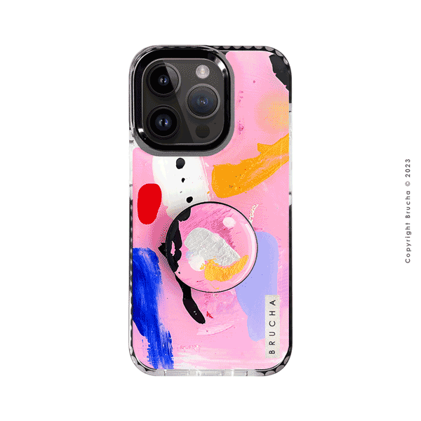 Set de funda ultra protectora, holder match y mica vidrio templado, pintada a mano Edición Limitada Rosa para iPhone 14 Pro - Juno