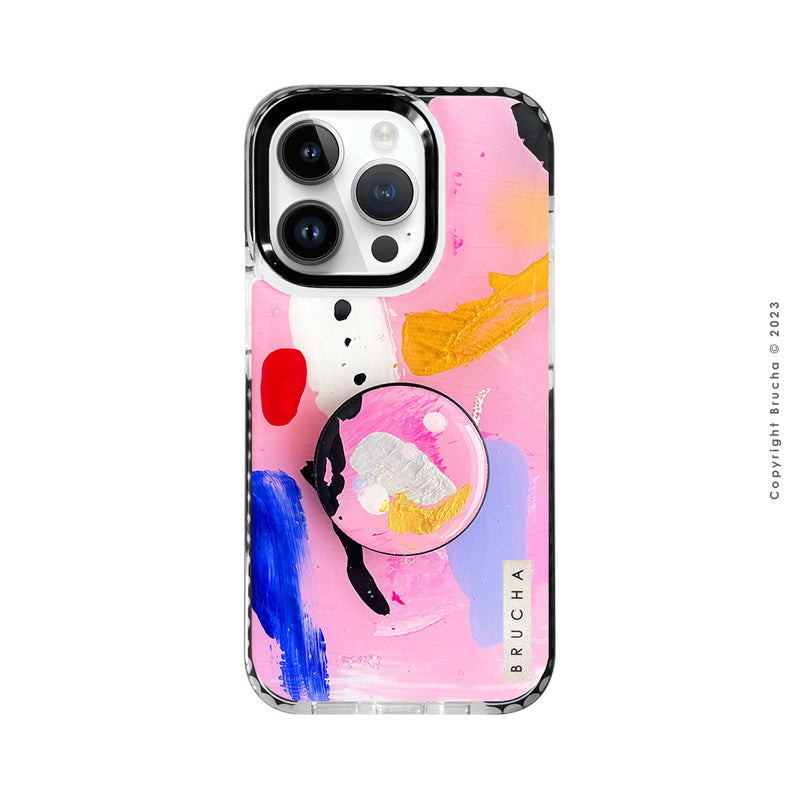 Set de funda ultra protectora, holder match y mica vidrio templado, pintada a mano Edición Limitada Rosa para iPhone 14 Pro - Juno