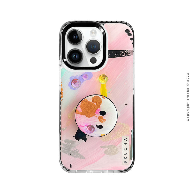Set de funda ultra protectora, holder match y mica vidrio templado, pintada a mano con brillos Edición Limitada Rosa para iPhone 14 Pro - Lady
