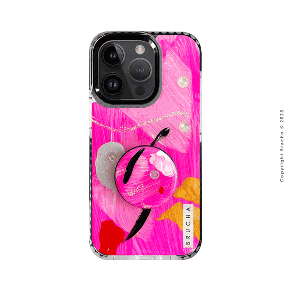 Set de funda ultra protectora, holder match y mica vidrio templado, pintada a mano con brillos Edición Limitada Rosa para iPhone 14 Pro - Bamba