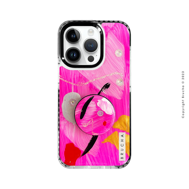 Set de funda ultra protectora, holder match y mica vidrio templado, pintada a mano con brillos Edición Limitada Rosa para iPhone 14 Pro - Bamba