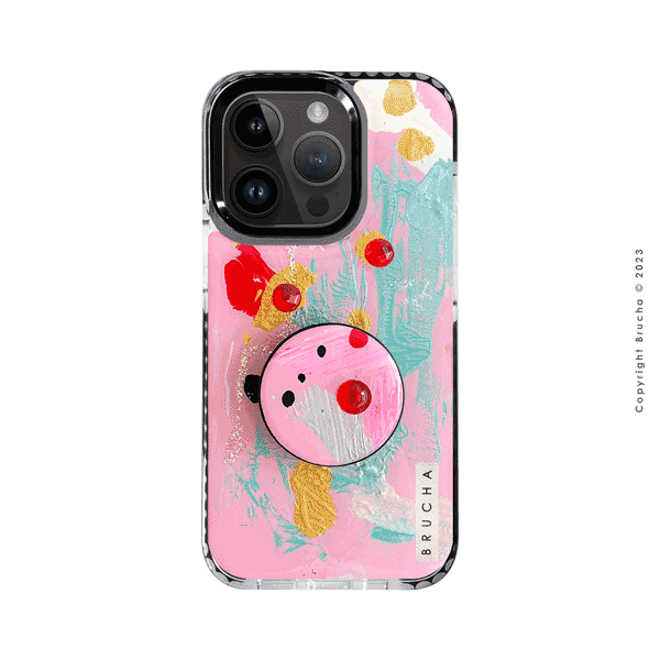 Set de funda ultra protectora, holder match y mica vidrio templado, pintada a mano con brillos Edición Limitada Rosa para iPhone 14 Pro - Aria