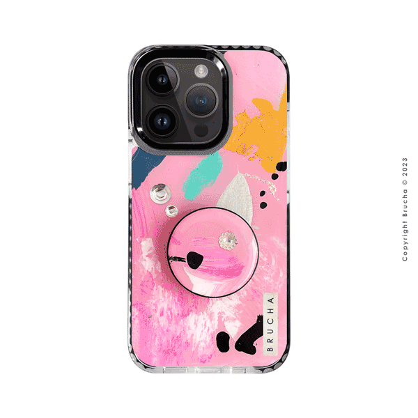 Set de funda ultra protectora, holder match y mica vidrio templado, pintada a mano con brillos Edición Limitada Rosa para iPhone 14 Pro - Noa