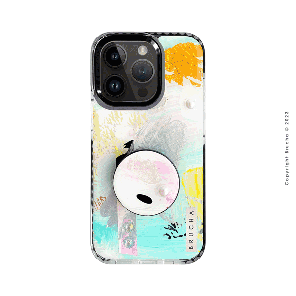 Set de funda ultra protectora, holder match y mica vidrio templado, pintada a mano con brillos para iPhone 14 Pro - Trina