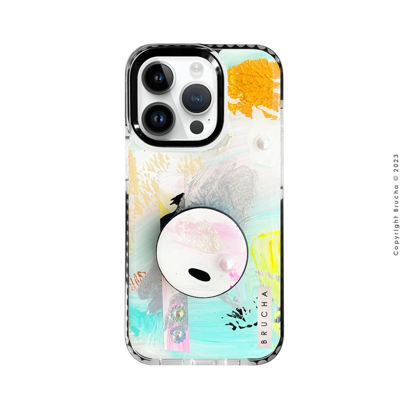 Set de funda ultra protectora, holder match y mica vidrio templado, pintada a mano con brillos Edición Limitada para iPhone 14 Pro - Bizú