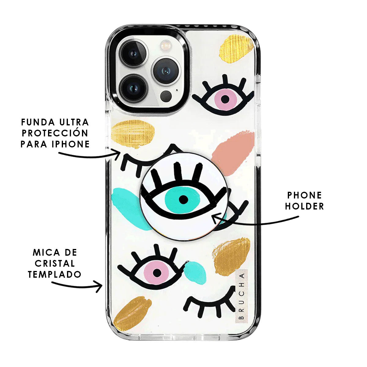 Set de funda ultra resistente, holder match, pintada a mano para iPhone -  I See You
