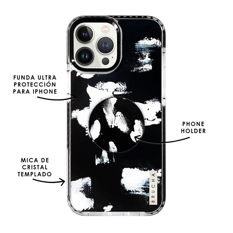 Set de funda ultra resistente, holder match y mica, pintada a mano para iPhone -  Pared Negra