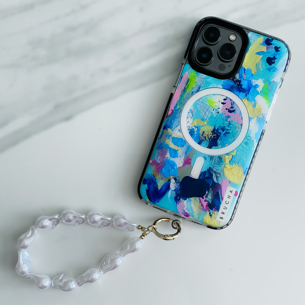 Correa de mano para celular desmontable hands-free de perlas tornasol ultra resistente