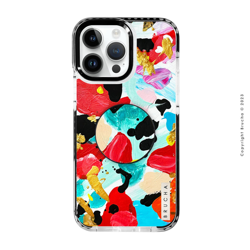 Set de funda ultra resistente, holder match y mica, pintada a mano para iPhone -  Coral
