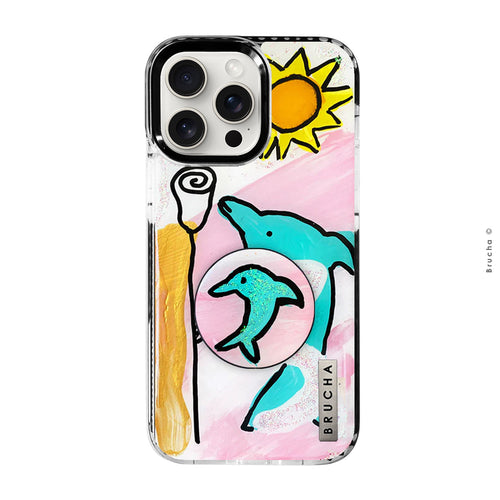 Set de funda ultra resistente, holder match y mica, pintada a mano para iPhone - Delfín