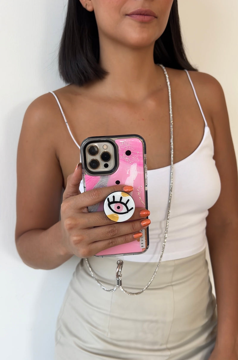 Correa para celular desmontable hands-free de brillos plateados