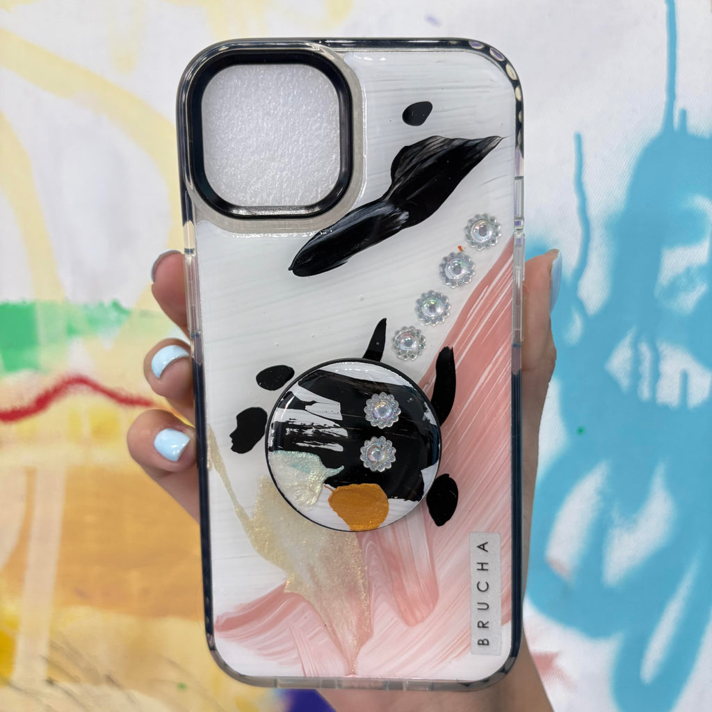 Set de funda ultra protectora, holder match y mica vidrio templado, pintada a mano con brillos Edición Limitada para iPhone 13 - Soft