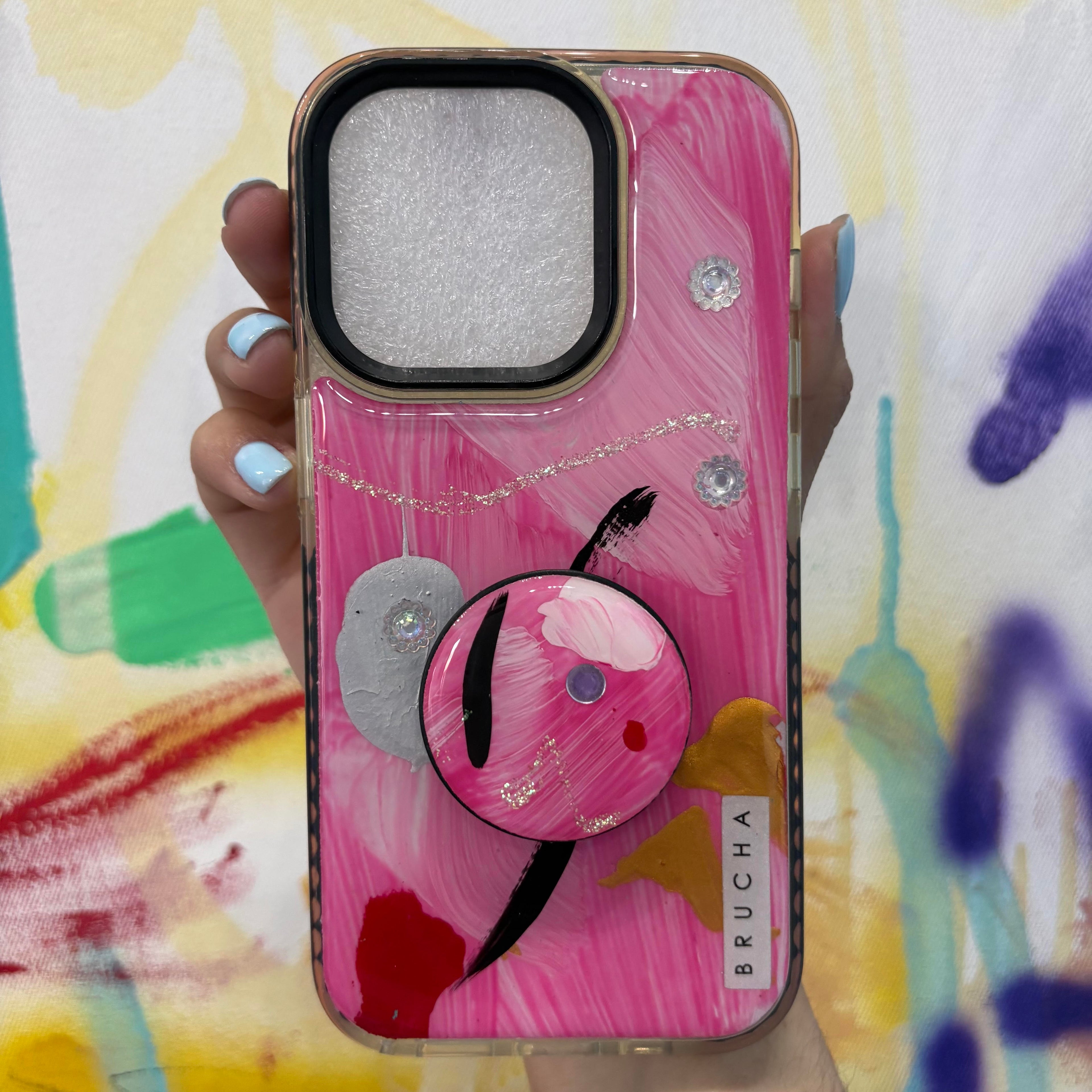 Set de funda ultra protectora, holder match y mica vidrio templado, pintada a mano con brillos para iPhone 14 Pro - Jade